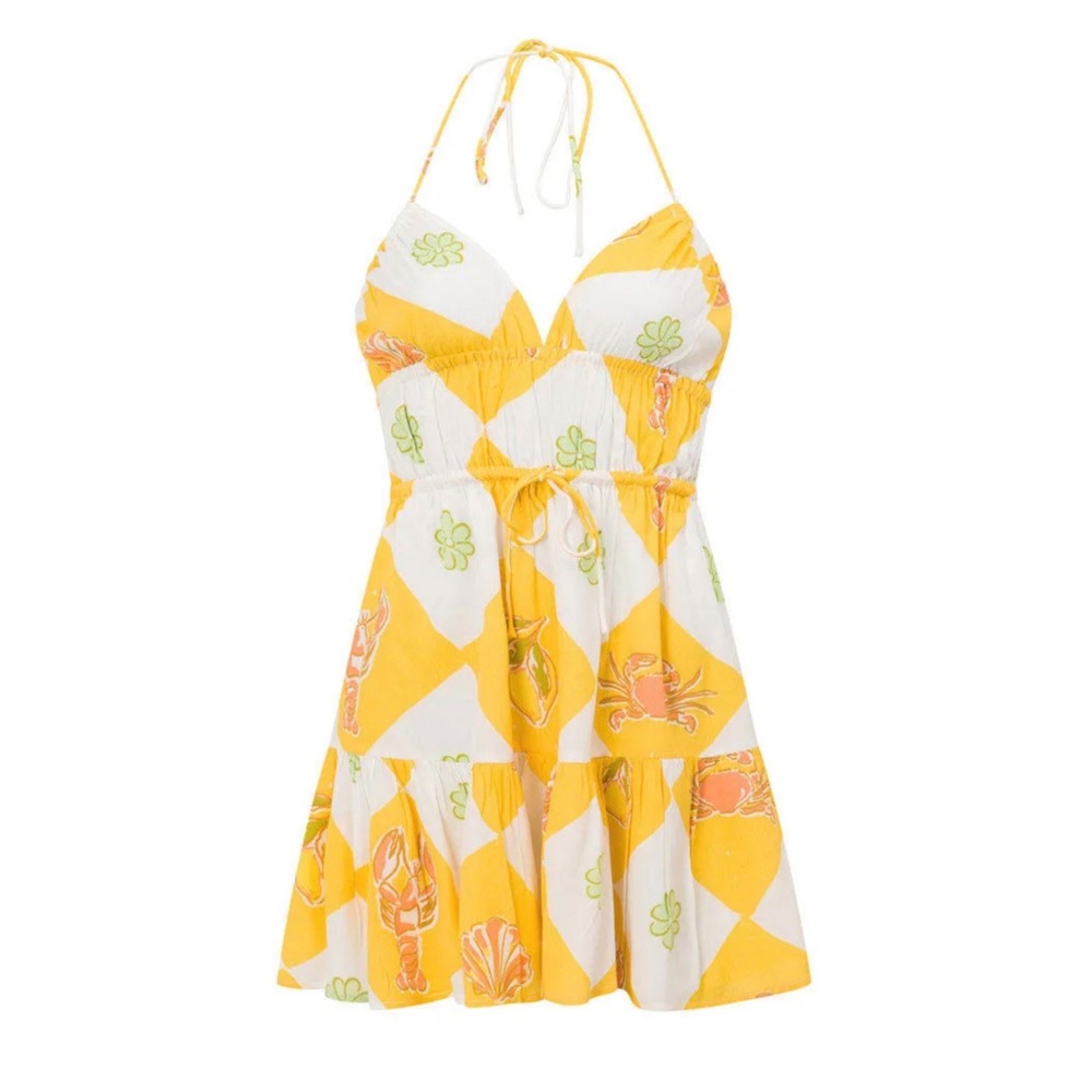 W1 Sabo Astyn Dress Yellow White Lobster Crab Floral Print Halter Mini XS NWT